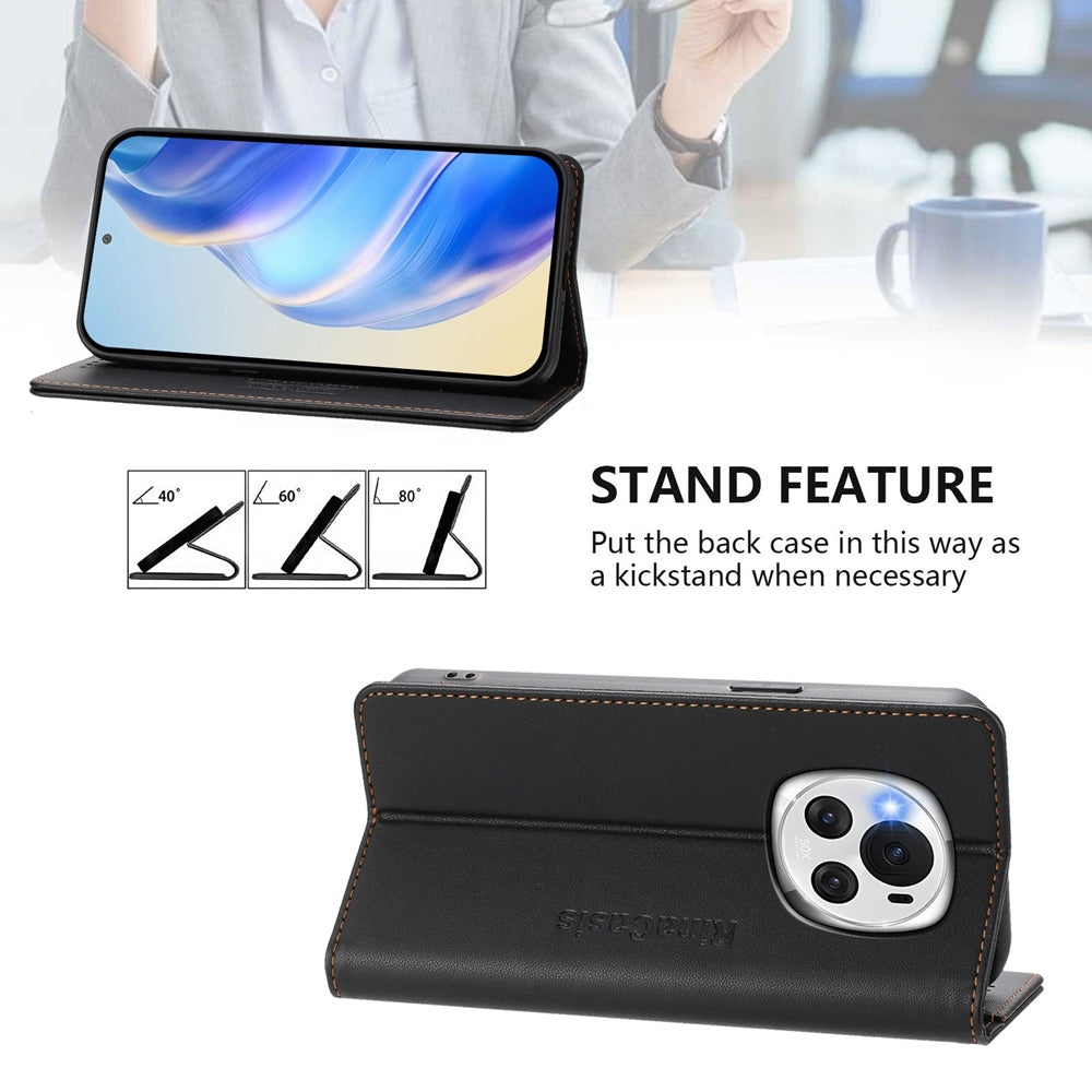 Honor Magic6 Dual-Folded Magnetic Suction RFID Blocking PU Leather Wallet Phone Case with Card Slots, Cash Pocket, Kickstand, Full Protective Flip Cover