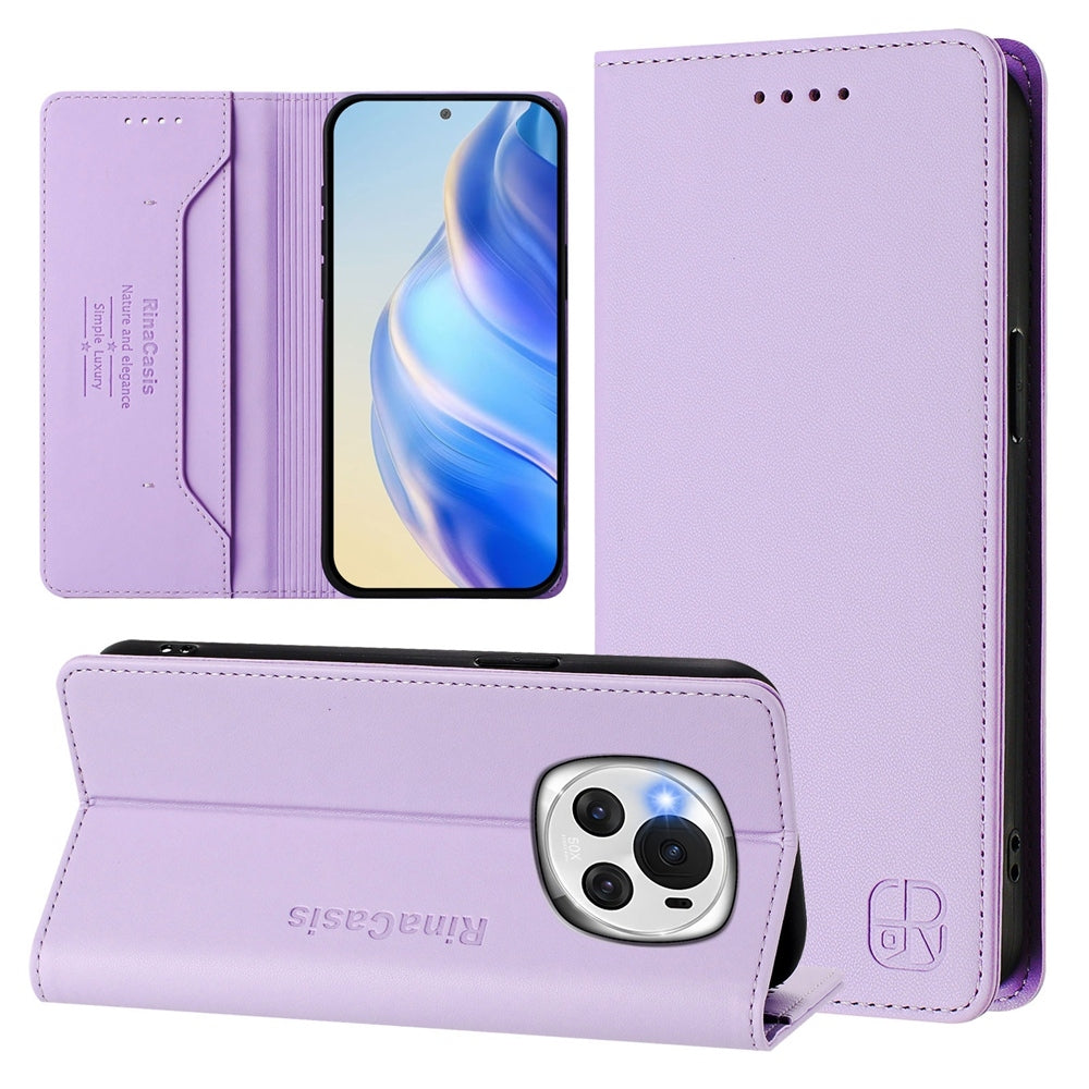 Honor Magic6 Dual-Folded Magnetic Suction RFID Blocking PU Leather Wallet Phone Case with Card Slots, Cash Pocket, Kickstand, Full Protective Flip Cover