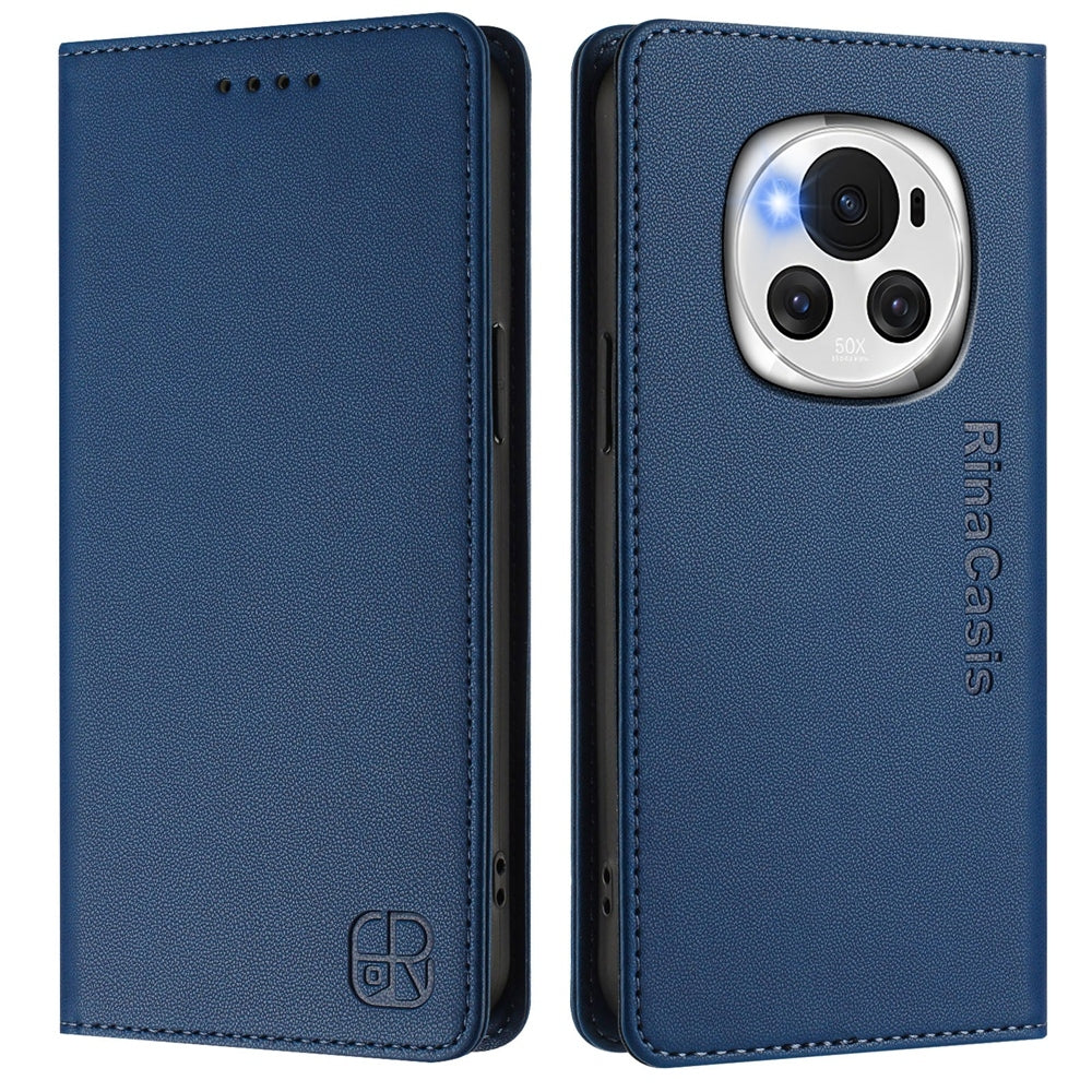 Honor Magic6 Dual-Folded Magnetic Suction RFID Blocking PU Leather Wallet Phone Case with Card Slots, Cash Pocket, Kickstand, Full Protective Flip Cover
