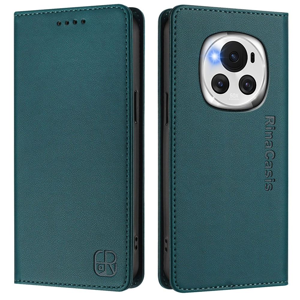 Honor Magic6 Dual-Folded Magnetic Suction RFID Blocking PU Leather Wallet Phone Case with Card Slots, Cash Pocket, Kickstand, Full Protective Flip Cover