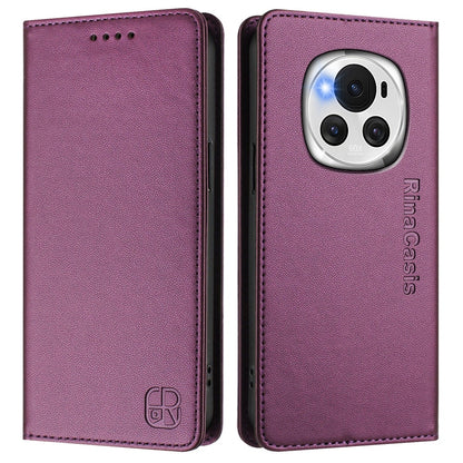 Honor Magic6 Dual-Folded Magnetic Suction RFID Blocking PU Leather Wallet Phone Case with Card Slots, Cash Pocket, Kickstand, Full Protective Flip Cover