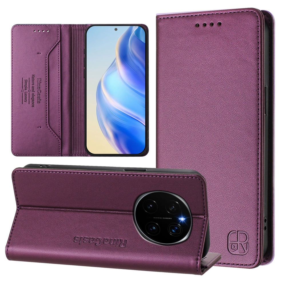 Honor Magic7 Dual-Folded Magnetic Suction RFID Blocking PU Leather Wallet Phone Case with Card Slots, Cash Pocket, Kickstand, Full Protective Flip Cover