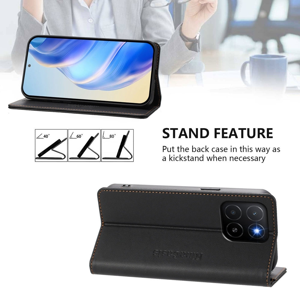 Honor X5b Dual-Folded Magnetic Suction RFID Blocking PU Leather Wallet Phone Case with Card Slots, Cash Pocket, Kickstand, Full Protective Flip Cover