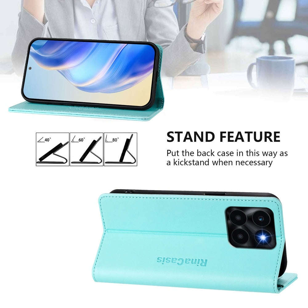 Honor X6a Dual-Folded Magnetic Suction RFID Blocking PU Leather Wallet Phone Case with Card Slots, Cash Pocket, Kickstand, Full Protective Flip Cover