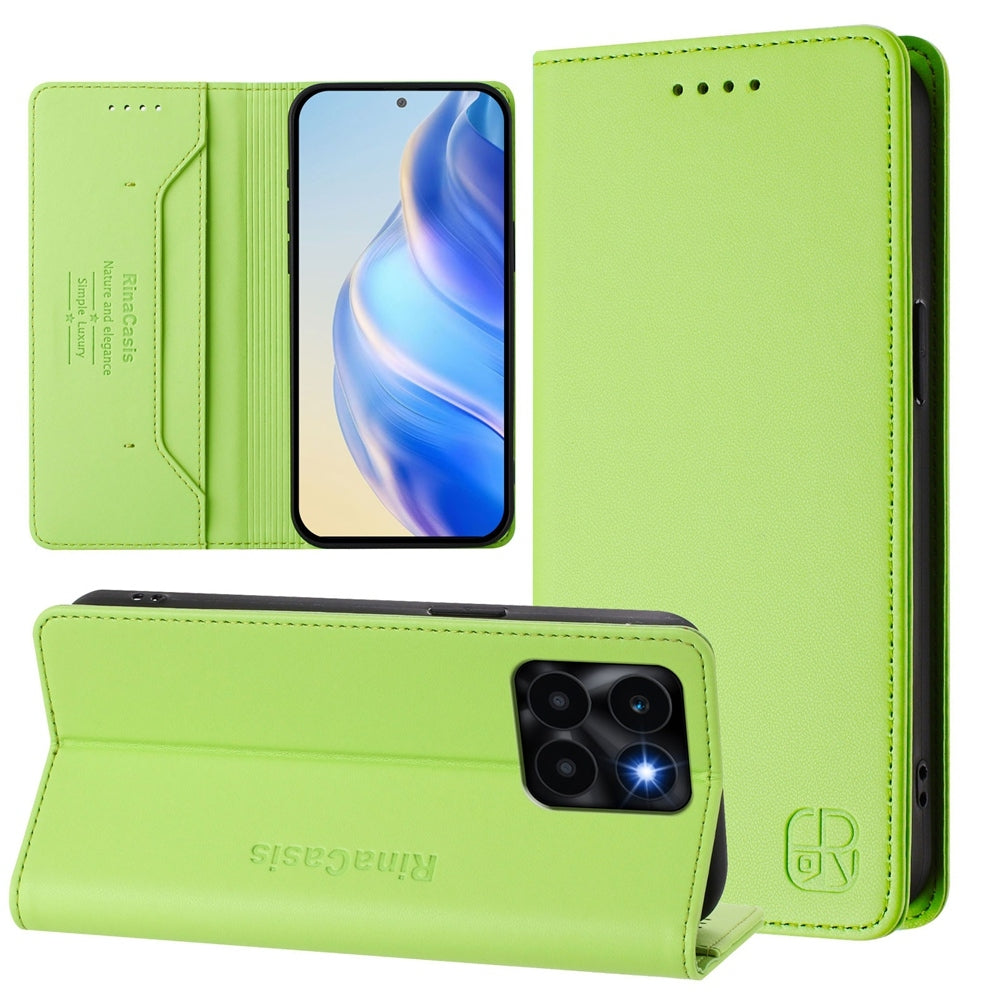 Honor X6a Dual-Folded Magnetic Suction RFID Blocking PU Leather Wallet Phone Case with Card Slots, Cash Pocket, Kickstand, Full Protective Flip Cover