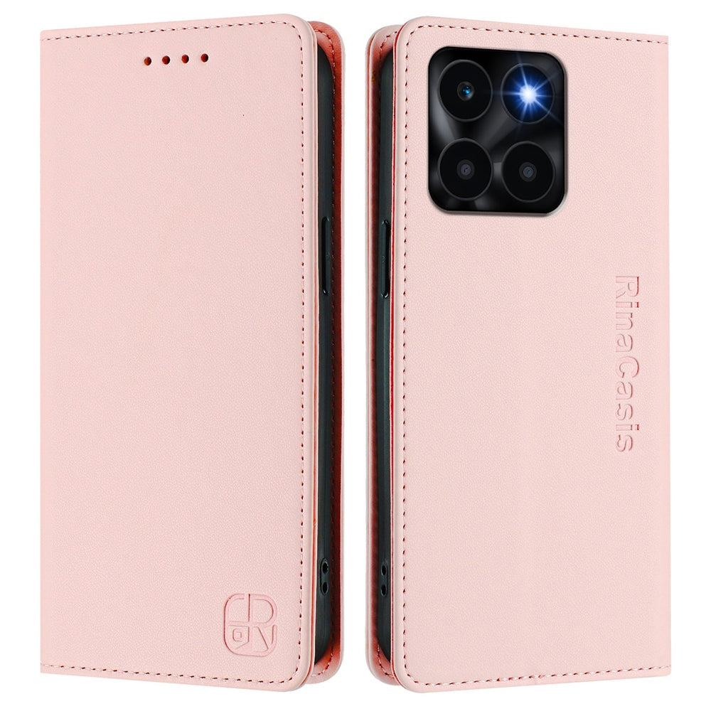 Honor X6a Dual-Folded Magnetic Suction RFID Blocking PU Leather Wallet Phone Case with Card Slots, Cash Pocket, Kickstand, Full Protective Flip Cover
