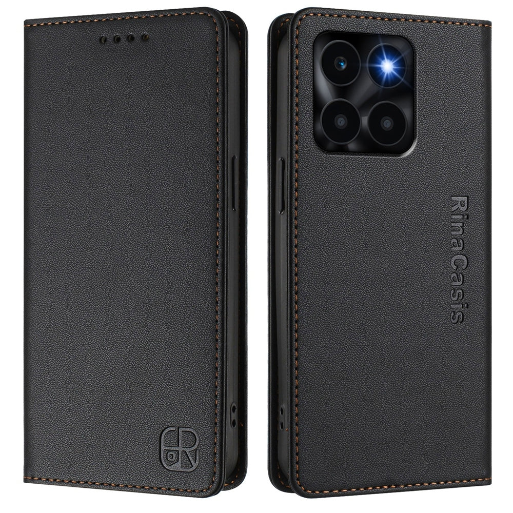 Honor X6a Dual-Folded Magnetic Suction RFID Blocking PU Leather Wallet Phone Case with Card Slots, Cash Pocket, Kickstand, Full Protective Flip Cover