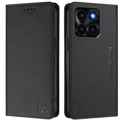 Honor X6a Dual-Folded Magnetic Suction RFID Blocking PU Leather Wallet Phone Case with Card Slots, Cash Pocket, Kickstand, Full Protective Flip Cover