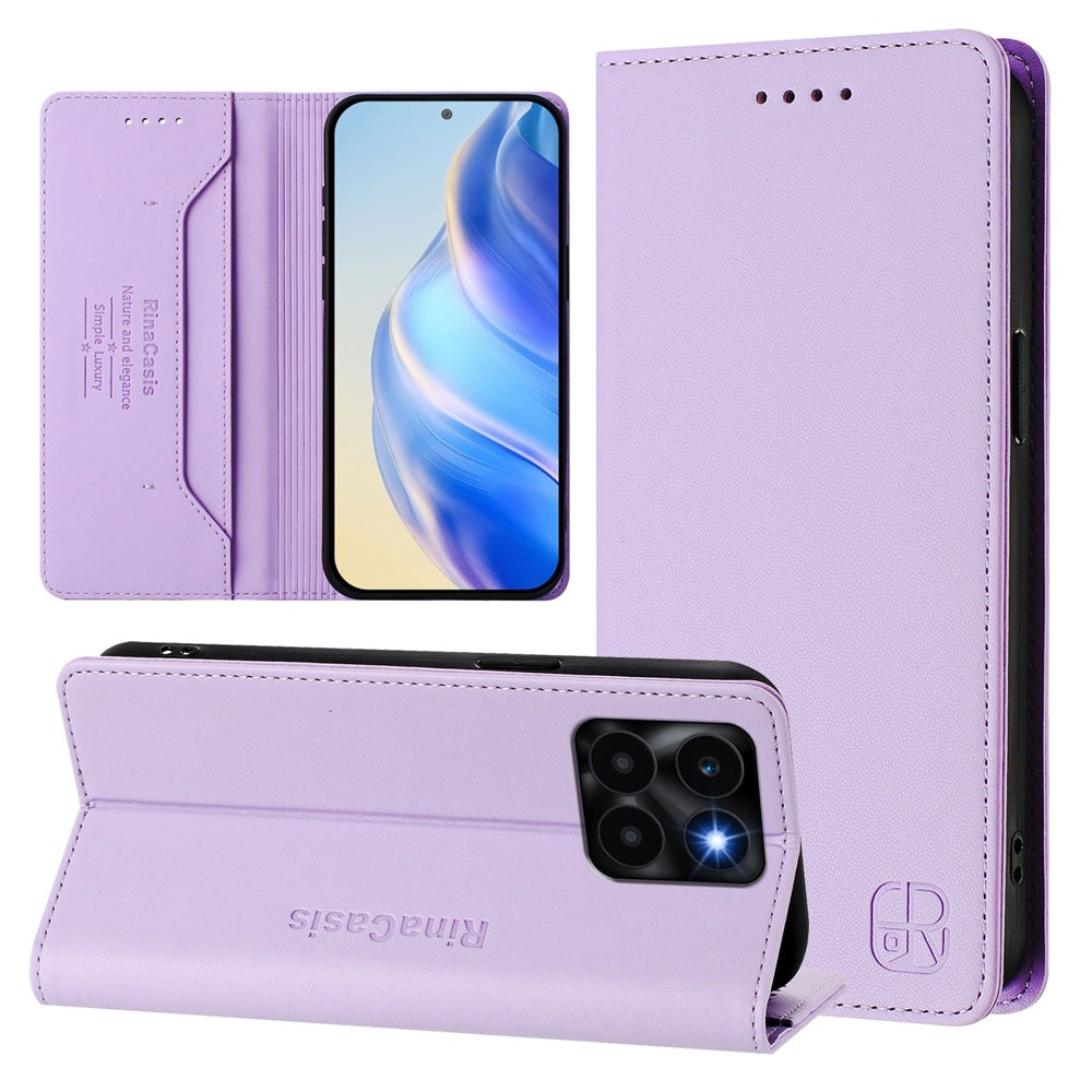 Honor X6a Dual-Folded Magnetic Suction RFID Blocking PU Leather Wallet Phone Case with Card Slots, Cash Pocket, Kickstand, Full Protective Flip Cover
