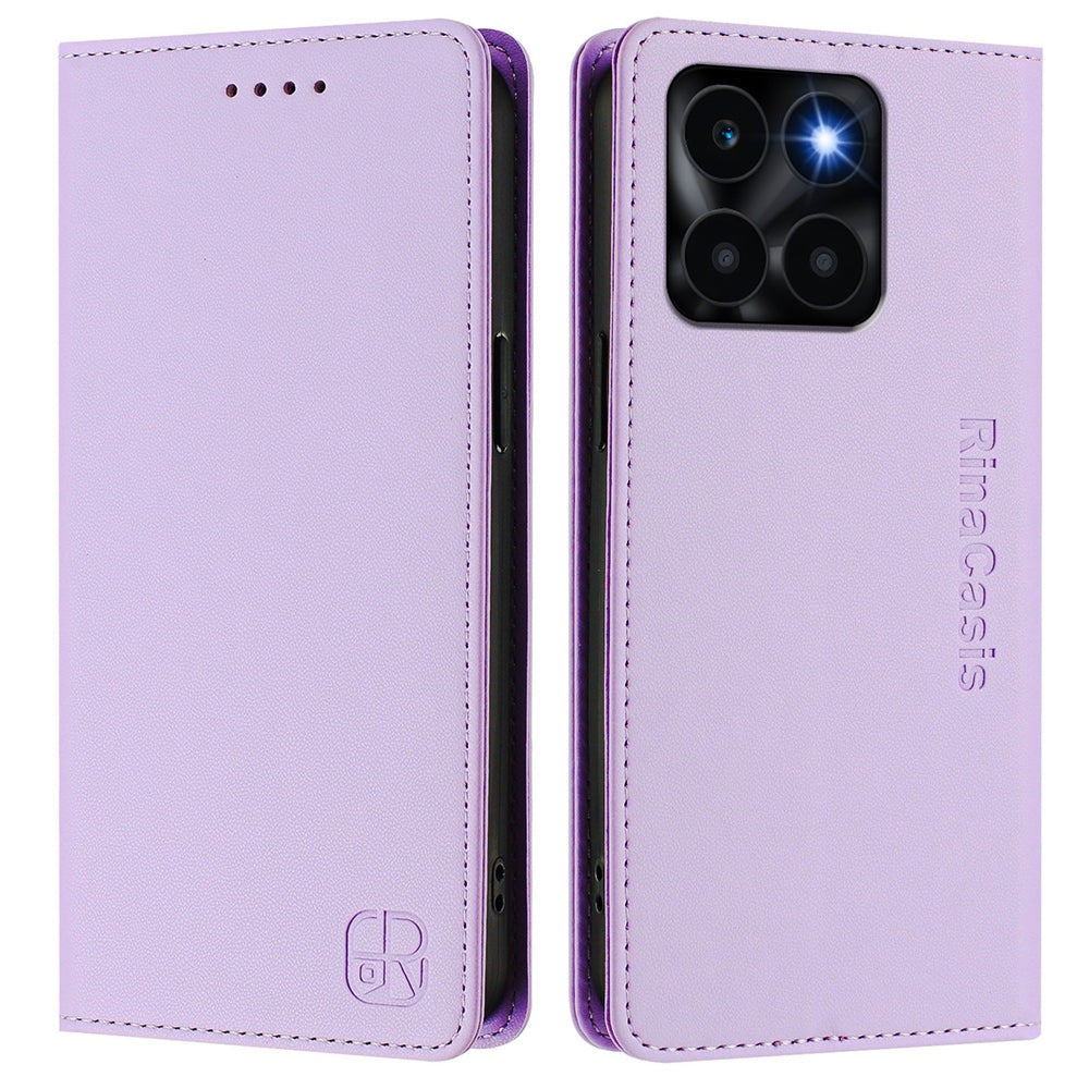 Honor X6a Dual-Folded Magnetic Suction RFID Blocking PU Leather Wallet Phone Case with Card Slots, Cash Pocket, Kickstand, Full Protective Flip Cover