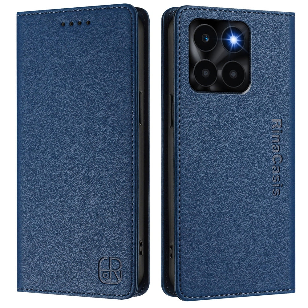 Honor X6a Dual-Folded Magnetic Suction RFID Blocking PU Leather Wallet Phone Case with Card Slots, Cash Pocket, Kickstand, Full Protective Flip Cover