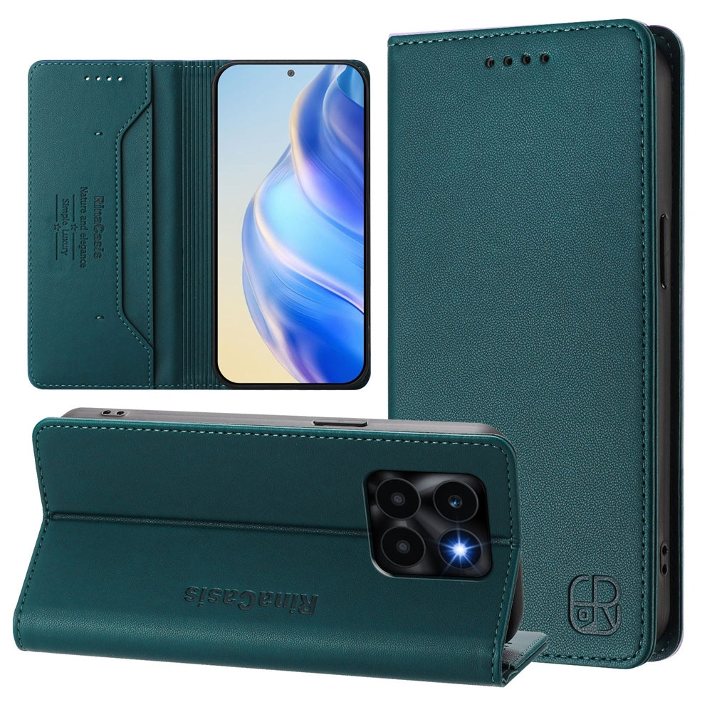 Honor X6a Dual-Folded Magnetic Suction RFID Blocking PU Leather Wallet Phone Case with Card Slots, Cash Pocket, Kickstand, Full Protective Flip Cover