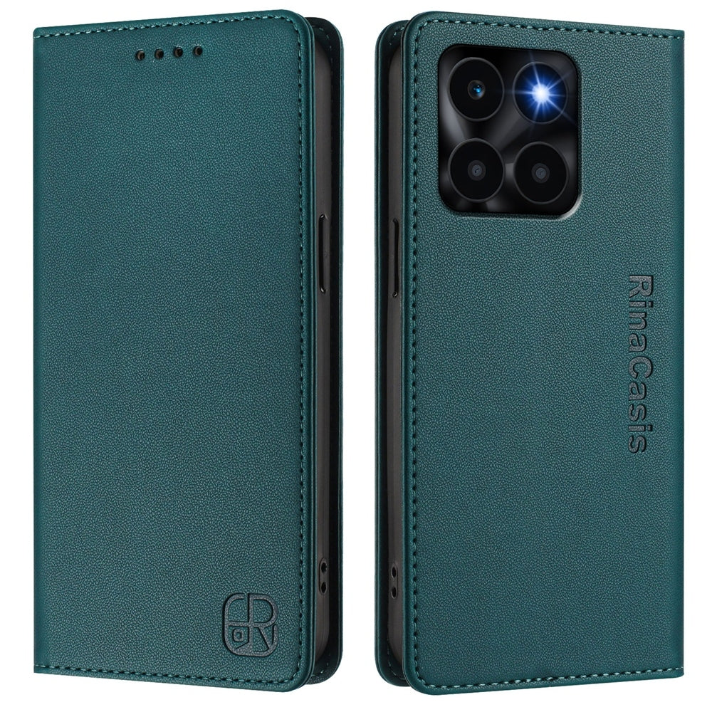 Honor X6a Dual-Folded Magnetic Suction RFID Blocking PU Leather Wallet Phone Case with Card Slots, Cash Pocket, Kickstand, Full Protective Flip Cover