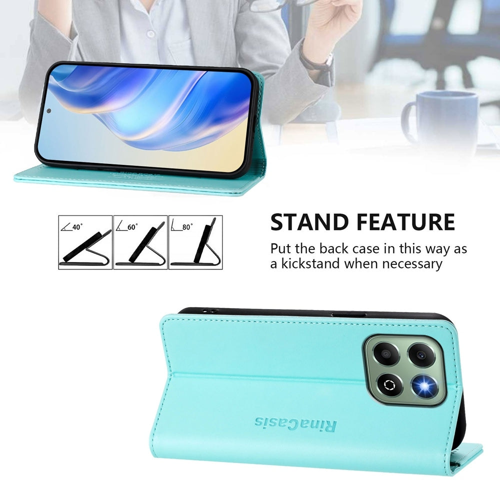 Honor X6b Dual-Folded Magnetic Suction RFID Blocking PU Leather Wallet Phone Case with Card Slots, Cash Pocket, Kickstand, Full Protective Flip Cover