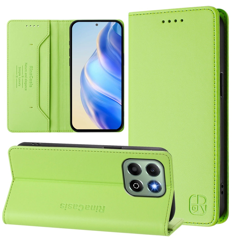 Honor X6b Dual-Folded Magnetic Suction RFID Blocking PU Leather Wallet Phone Case with Card Slots, Cash Pocket, Kickstand, Full Protective Flip Cover