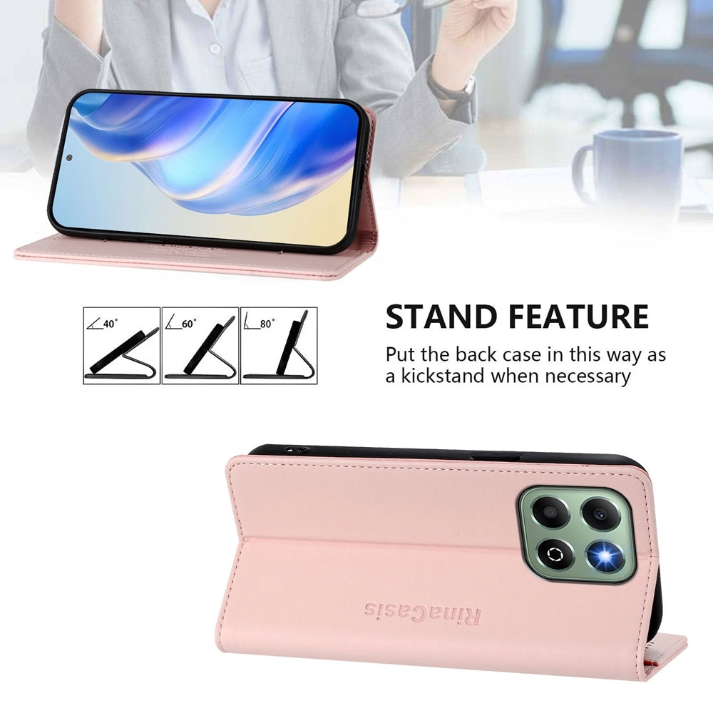 Honor X6b Dual-Folded Magnetic Suction RFID Blocking PU Leather Wallet Phone Case with Card Slots, Cash Pocket, Kickstand, Full Protective Flip Cover