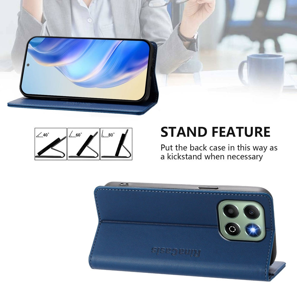 Honor X6b Dual-Folded Magnetic Suction RFID Blocking PU Leather Wallet Phone Case with Card Slots, Cash Pocket, Kickstand, Full Protective Flip Cover