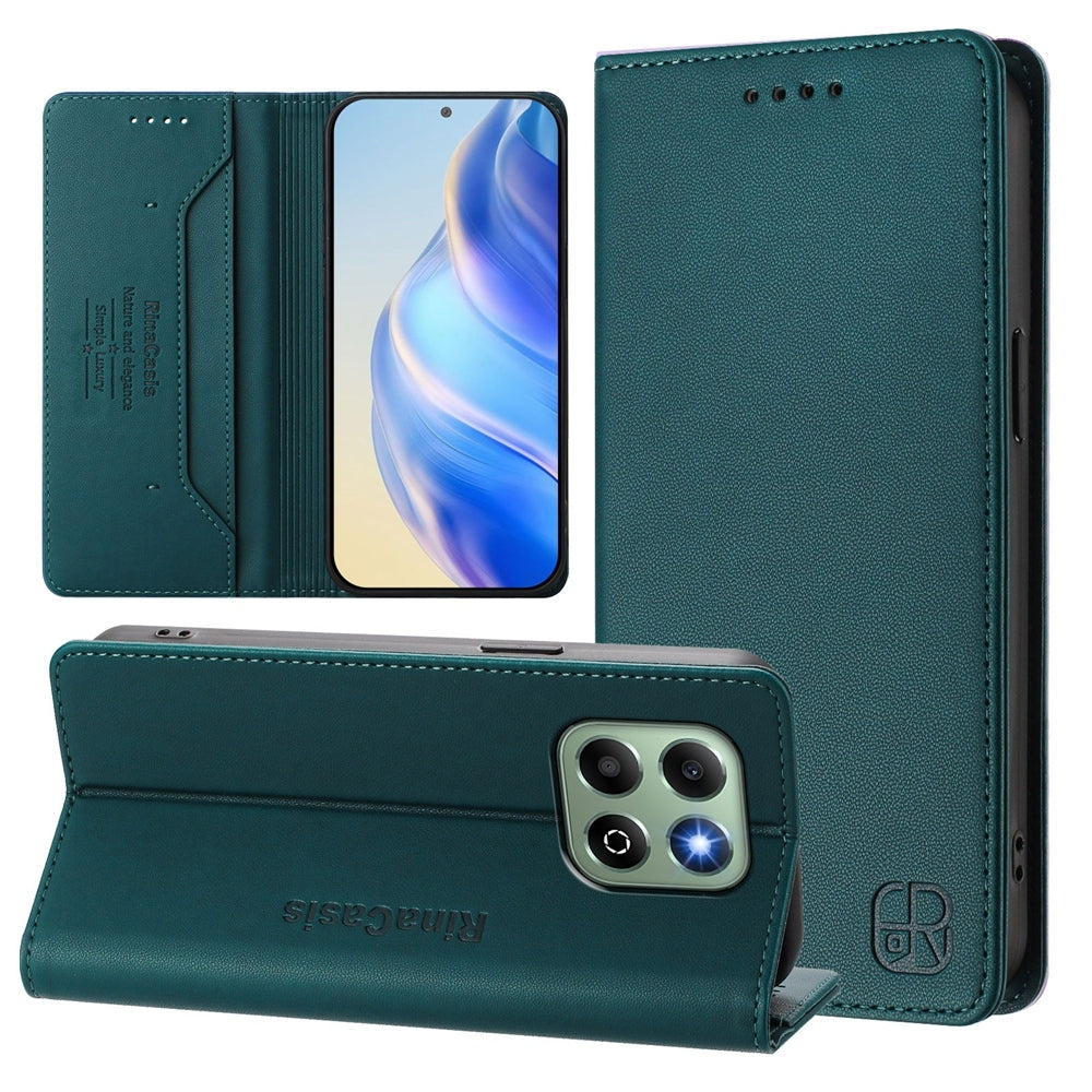 Honor X6b Dual-Folded Magnetic Suction RFID Blocking PU Leather Wallet Phone Case with Card Slots, Cash Pocket, Kickstand, Full Protective Flip Cover