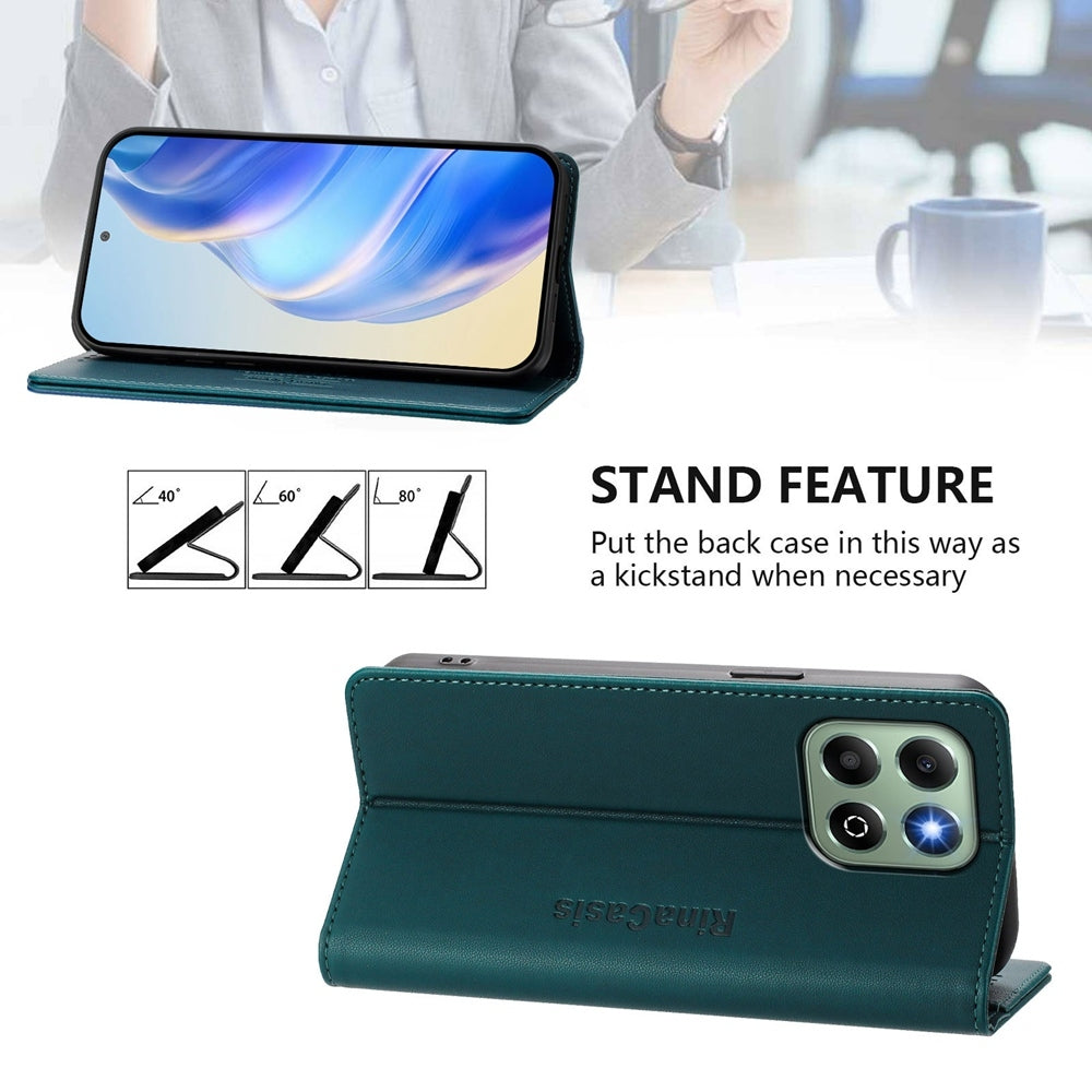 Honor X6b Dual-Folded Magnetic Suction RFID Blocking PU Leather Wallet Phone Case with Card Slots, Cash Pocket, Kickstand, Full Protective Flip Cover