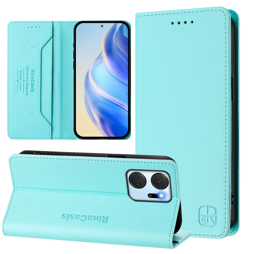 Honor X7a Dual-Folded Magnetic Suction RFID Blocking PU Leather Wallet Phone Case with Card Slots, Cash Pocket, Kickstand, Full Protective Flip Cover