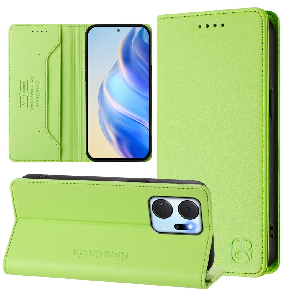 Honor X7a Dual-Folded Magnetic Suction RFID Blocking PU Leather Wallet Phone Case with Card Slots, Cash Pocket, Kickstand, Full Protective Flip Cover