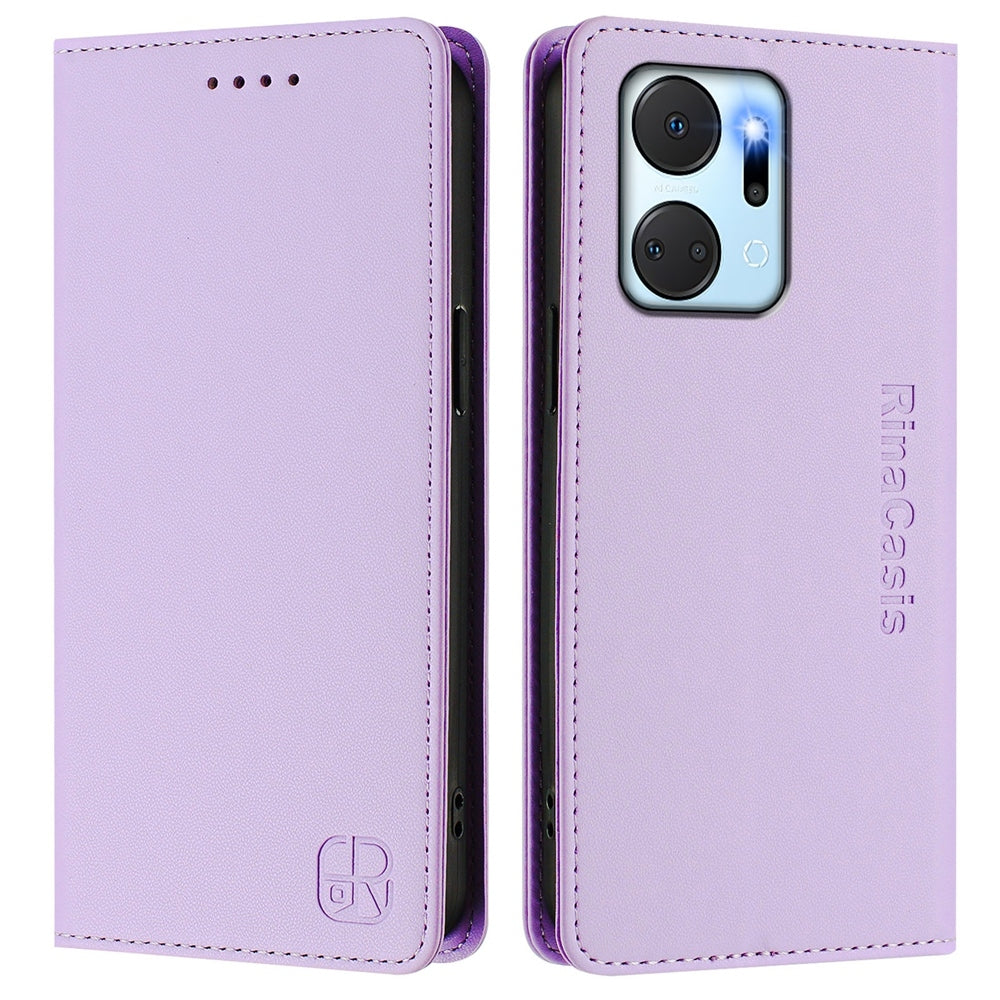 Honor X7a Dual-Folded Magnetic Suction RFID Blocking PU Leather Wallet Phone Case with Card Slots, Cash Pocket, Kickstand, Full Protective Flip Cover