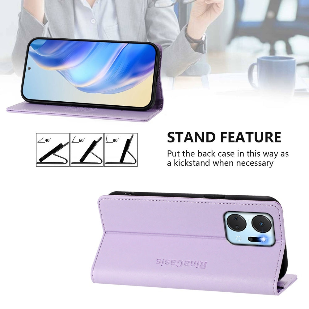 Honor X7a Dual-Folded Magnetic Suction RFID Blocking PU Leather Wallet Phone Case with Card Slots, Cash Pocket, Kickstand, Full Protective Flip Cover