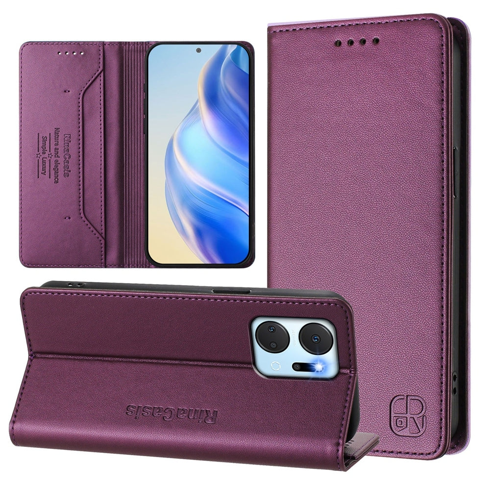 Honor X7a Dual-Folded Magnetic Suction RFID Blocking PU Leather Wallet Phone Case with Card Slots, Cash Pocket, Kickstand, Full Protective Flip Cover