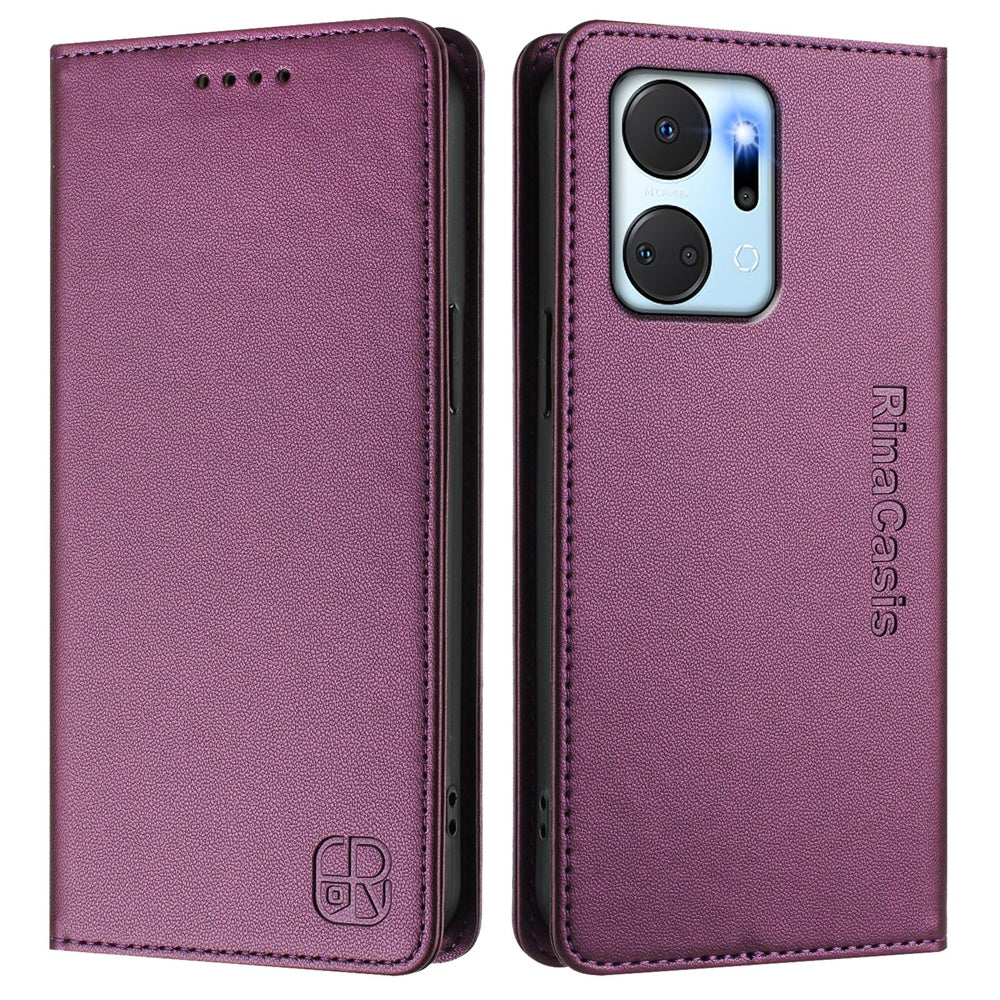 Honor X7a Dual-Folded Magnetic Suction RFID Blocking PU Leather Wallet Phone Case with Card Slots, Cash Pocket, Kickstand, Full Protective Flip Cover