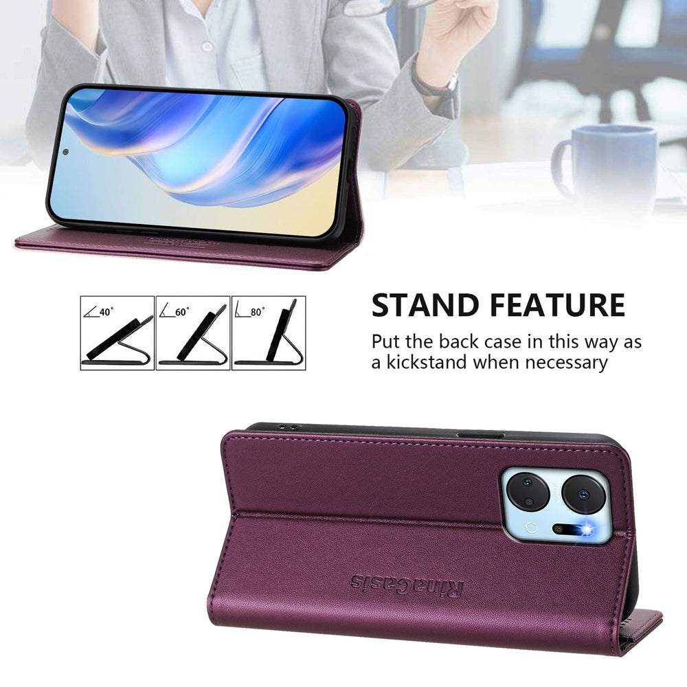 Honor X7a Dual-Folded Magnetic Suction RFID Blocking PU Leather Wallet Phone Case with Card Slots, Cash Pocket, Kickstand, Full Protective Flip Cover
