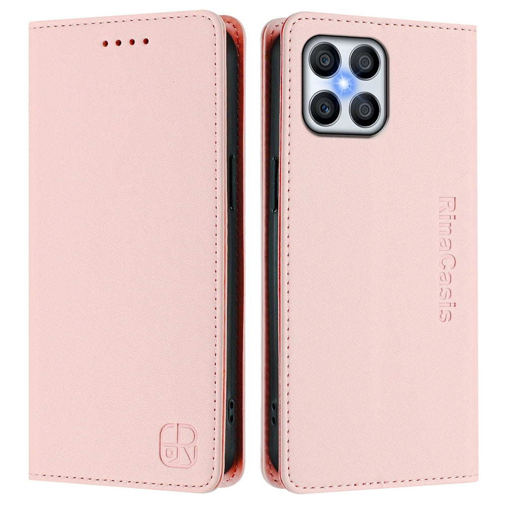 Honor X8 4G Dual-Folded Magnetic Suction RFID Blocking PU Leather Wallet Phone Case with Card Slots, Cash Pocket, Kickstand, Full Protective Flip Cover