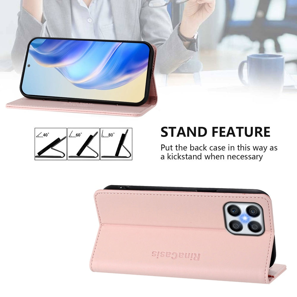 Honor X30i Dual-Folded Magnetic Suction RFID Blocking PU Leather Wallet Phone Case with Card Slots, Cash Pocket, Kickstand, Full Protective Flip Cover