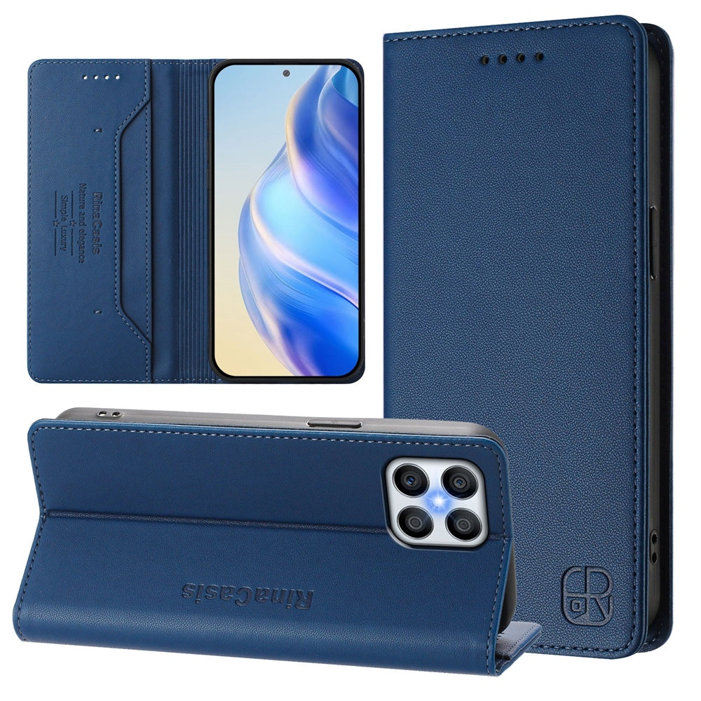 Honor X8 4G Dual-Folded Magnetic Suction RFID Blocking PU Leather Wallet Phone Case with Card Slots, Cash Pocket, Kickstand, Full Protective Flip Cover