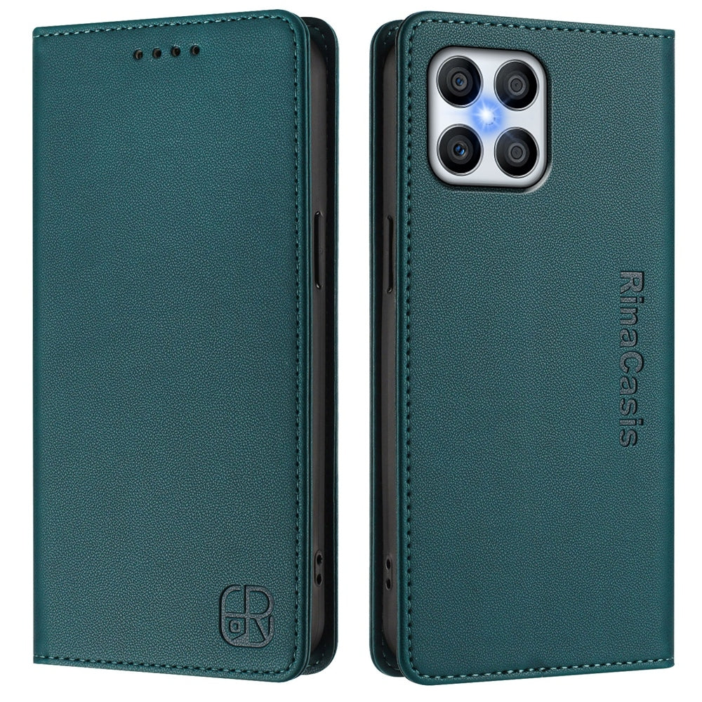 Honor X8 4G Dual-Folded Magnetic Suction RFID Blocking PU Leather Wallet Phone Case with Card Slots, Cash Pocket, Kickstand, Full Protective Flip Cover