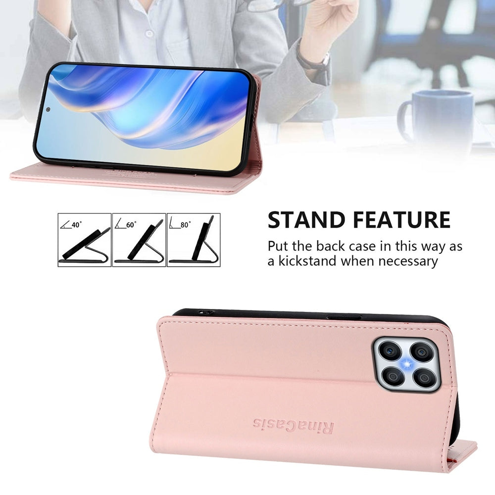 Honor X8 5G Dual-Folded Magnetic Suction RFID Blocking PU Leather Wallet Phone Case with Card Slots, Cash Pocket, Kickstand, Full Protective Flip Cover