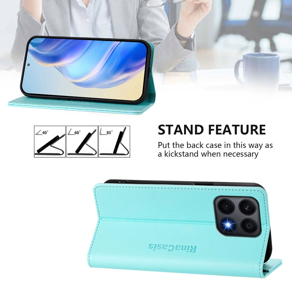 Honor X8a Dual-Folded Magnetic Suction RFID Blocking PU Leather Wallet Phone Case with Card Slots, Cash Pocket, Kickstand, Full Protective Flip Cover