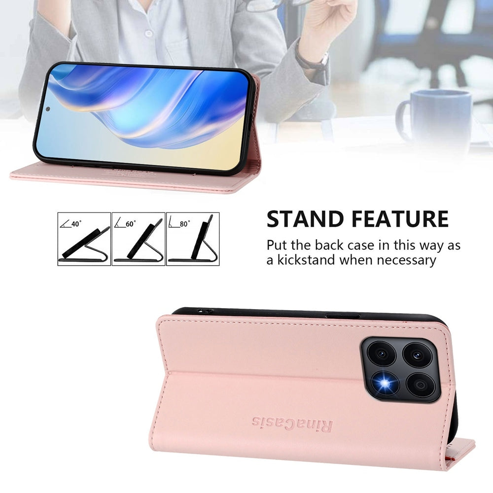 Honor X8a Dual-Folded Magnetic Suction RFID Blocking PU Leather Wallet Phone Case with Card Slots, Cash Pocket, Kickstand, Full Protective Flip Cover