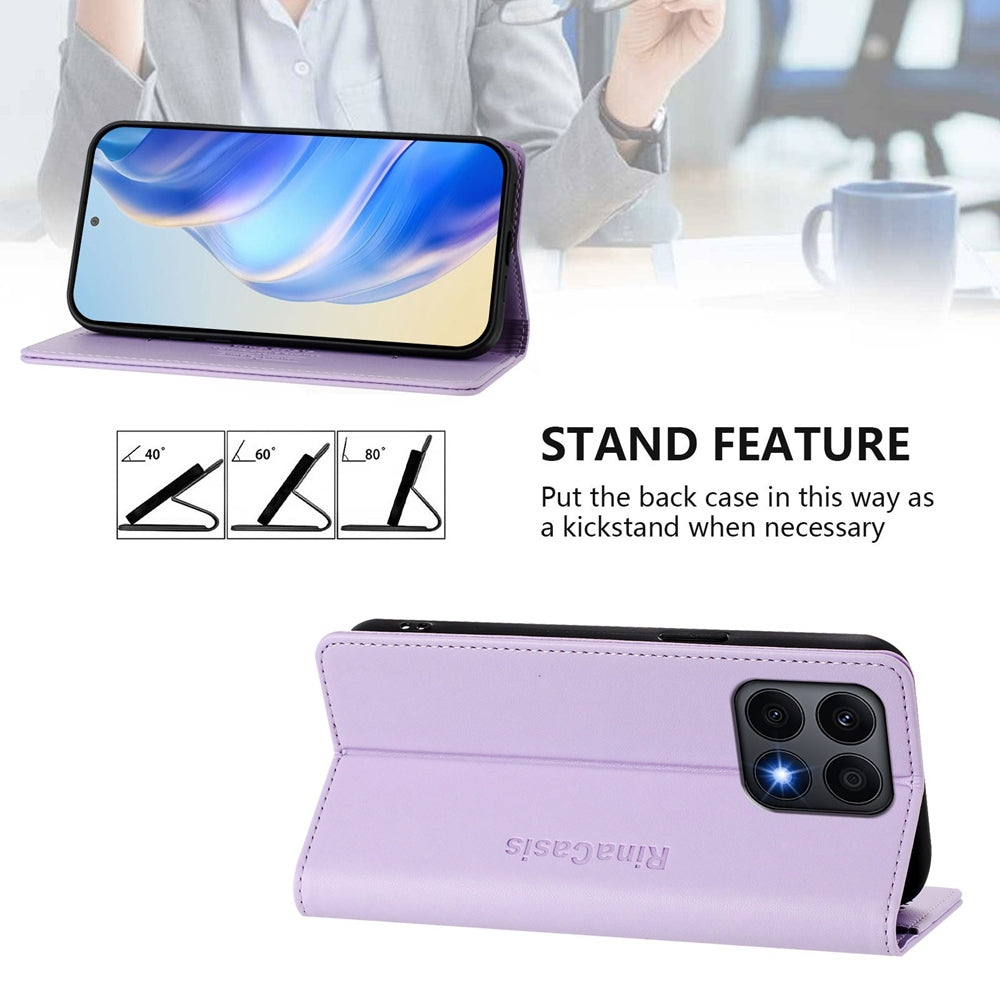 Honor X8a Dual-Folded Magnetic Suction RFID Blocking PU Leather Wallet Phone Case with Card Slots, Cash Pocket, Kickstand, Full Protective Flip Cover