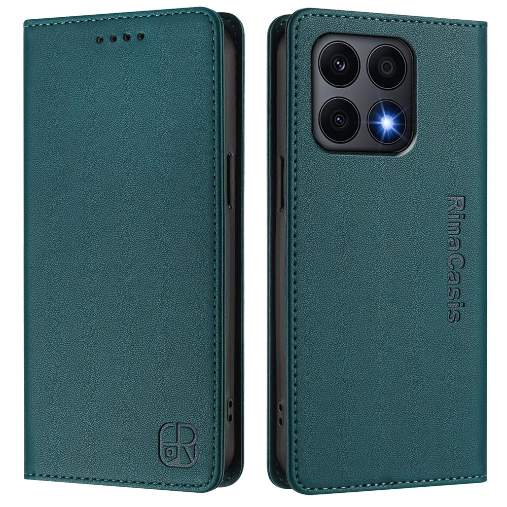 Honor X8a Dual-Folded Magnetic Suction RFID Blocking PU Leather Wallet Phone Case with Card Slots, Cash Pocket, Kickstand, Full Protective Flip Cover