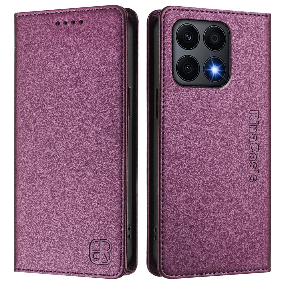 Honor X8a Dual-Folded Magnetic Suction RFID Blocking PU Leather Wallet Phone Case with Card Slots, Cash Pocket, Kickstand, Full Protective Flip Cover