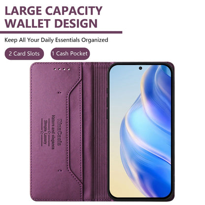 Honor X8b Dual-Folded Magnetic Suction RFID Blocking PU Leather Wallet Phone Case with Card Slots, Cash Pocket, Kickstand, Full Protective Flip Cover