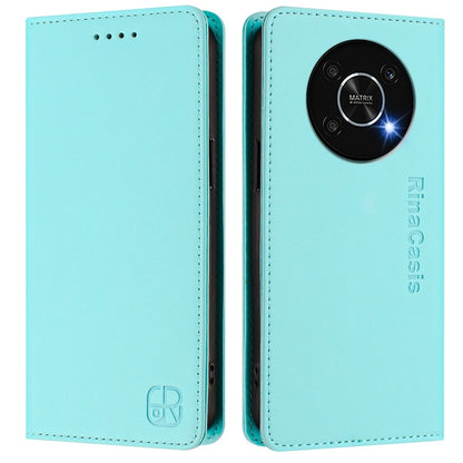 Honor X9 5G Dual-Folded Magnetic Suction RFID Blocking PU Leather Wallet Phone Case with Card Slots, Cash Pocket, Kickstand, Full Protective Flip Cover