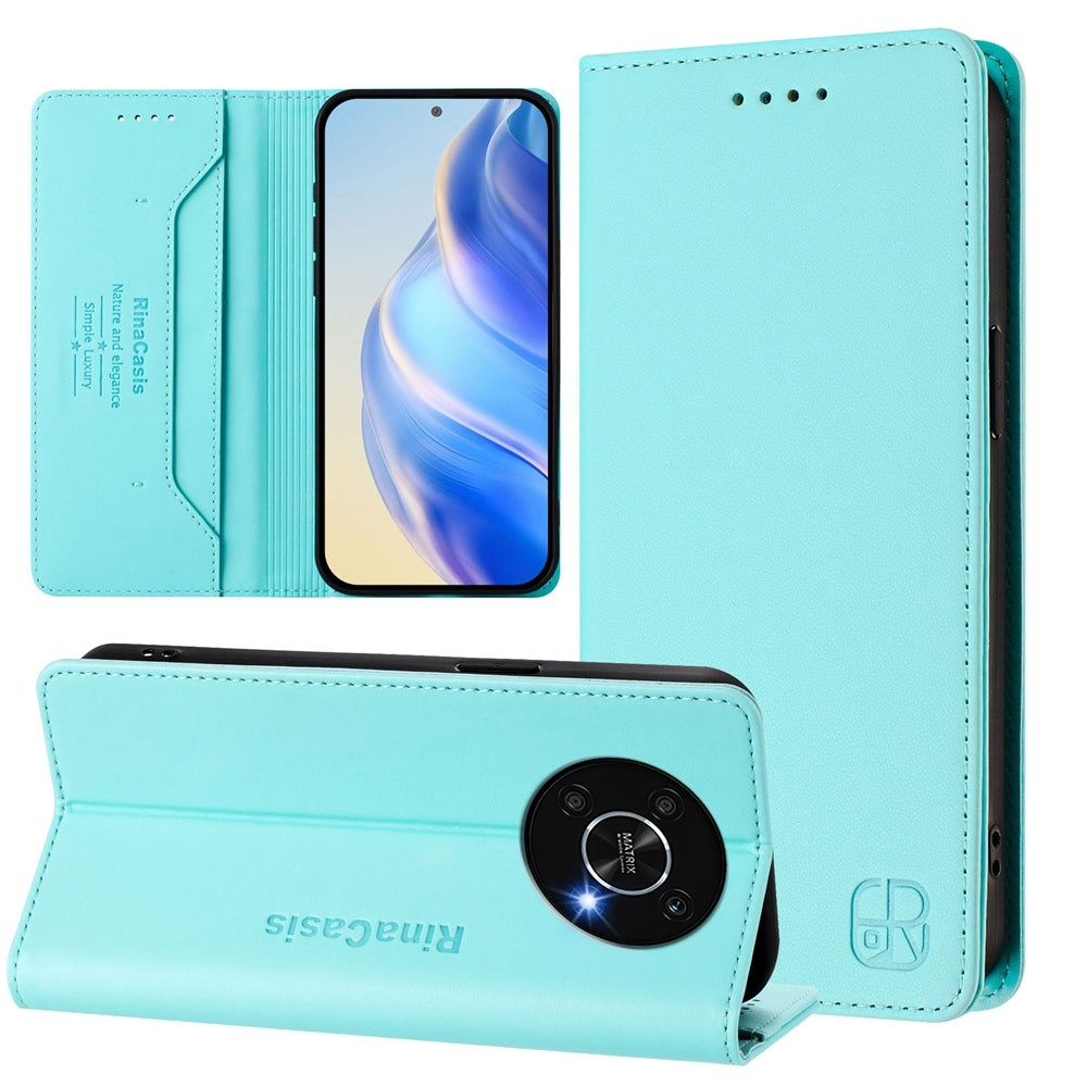 Honor X9 5G Dual-Folded Magnetic Suction RFID Blocking PU Leather Wallet Phone Case with Card Slots, Cash Pocket, Kickstand, Full Protective Flip Cover