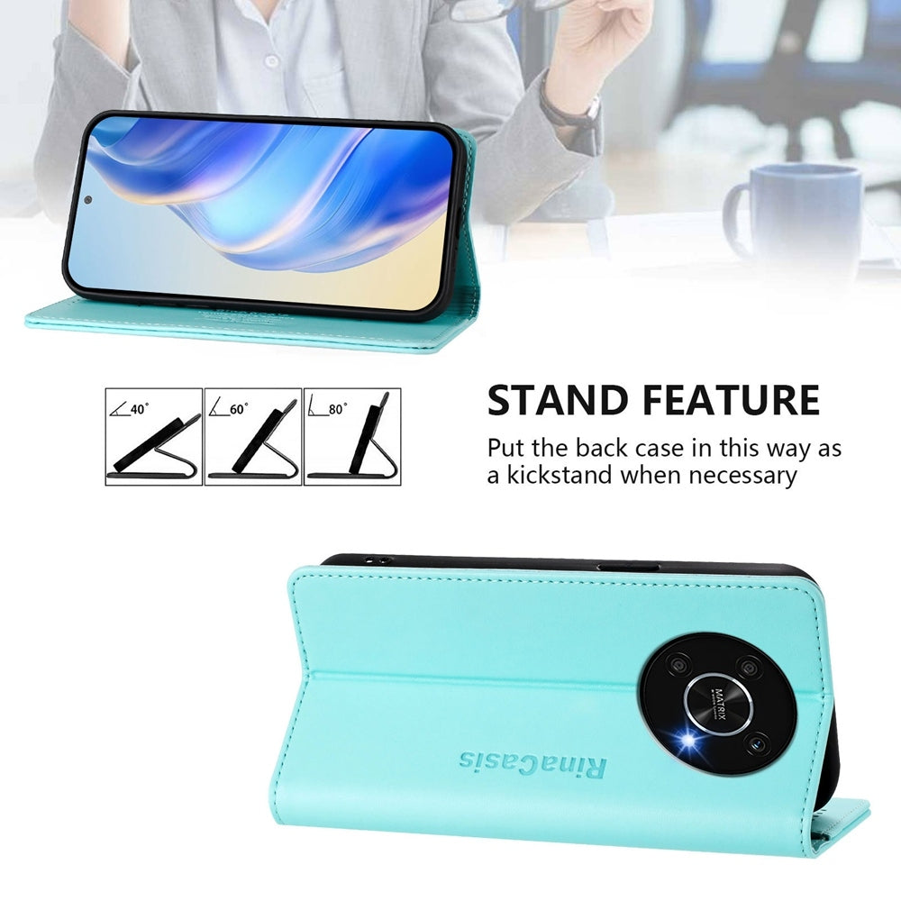 Honor X9 5G Dual-Folded Magnetic Suction RFID Blocking PU Leather Wallet Phone Case with Card Slots, Cash Pocket, Kickstand, Full Protective Flip Cover