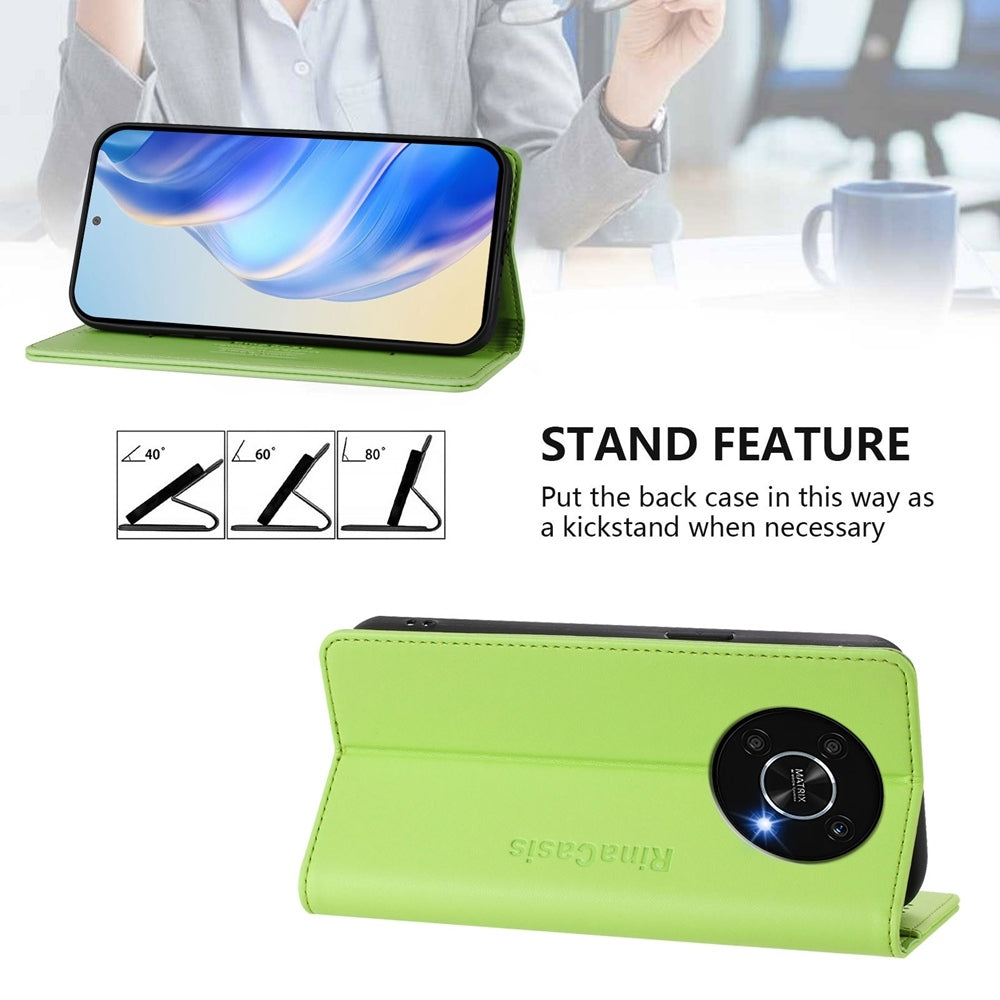 Honor X9 4G Dual-Folded Magnetic Suction RFID Blocking PU Leather Wallet Phone Case with Card Slots, Cash Pocket, Kickstand, Full Protective Flip Cover
