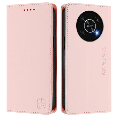 Honor X9 5G Dual-Folded Magnetic Suction RFID Blocking PU Leather Wallet Phone Case with Card Slots, Cash Pocket, Kickstand, Full Protective Flip Cover