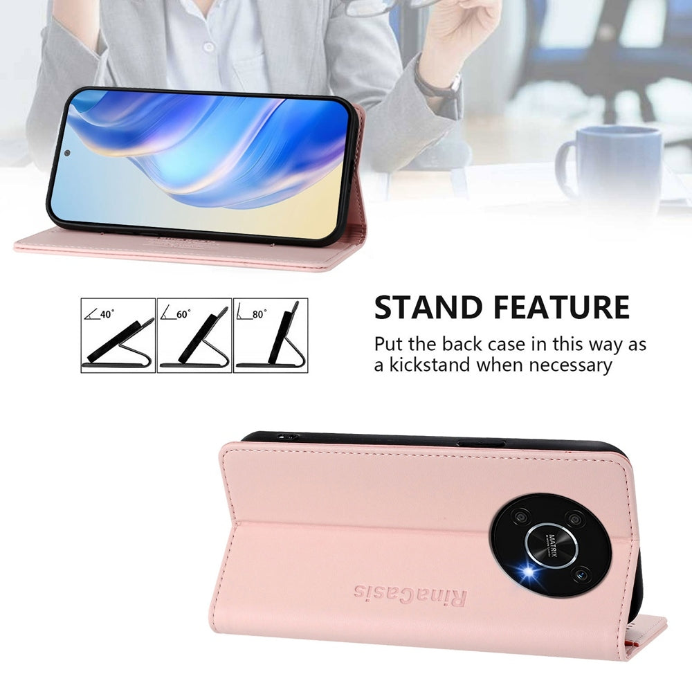 Honor X9 4G Dual-Folded Magnetic Suction RFID Blocking PU Leather Wallet Phone Case with Card Slots, Cash Pocket, Kickstand, Full Protective Flip Cover