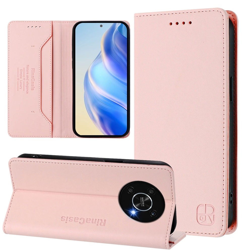 Honor X9 5G Dual-Folded Magnetic Suction RFID Blocking PU Leather Wallet Phone Case with Card Slots, Cash Pocket, Kickstand, Full Protective Flip Cover