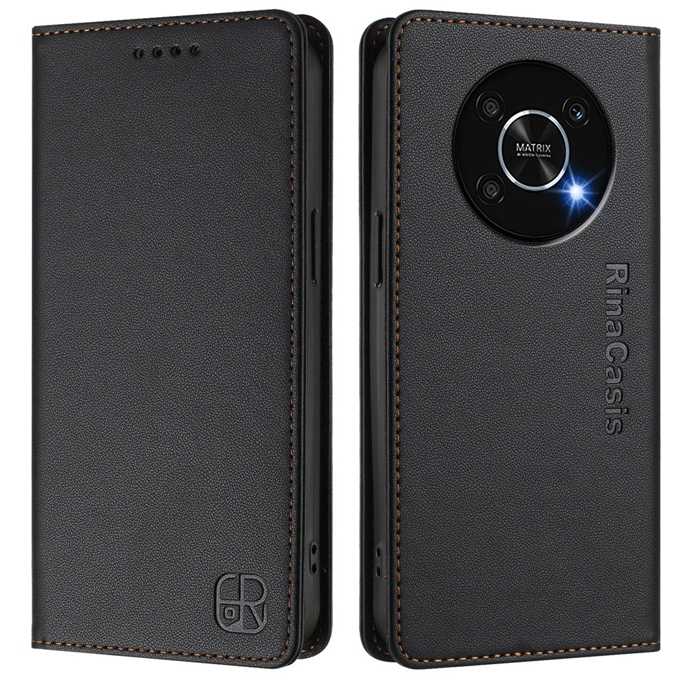 Honor X9 4G Dual-Folded Magnetic Suction RFID Blocking PU Leather Wallet Phone Case with Card Slots, Cash Pocket, Kickstand, Full Protective Flip Cover