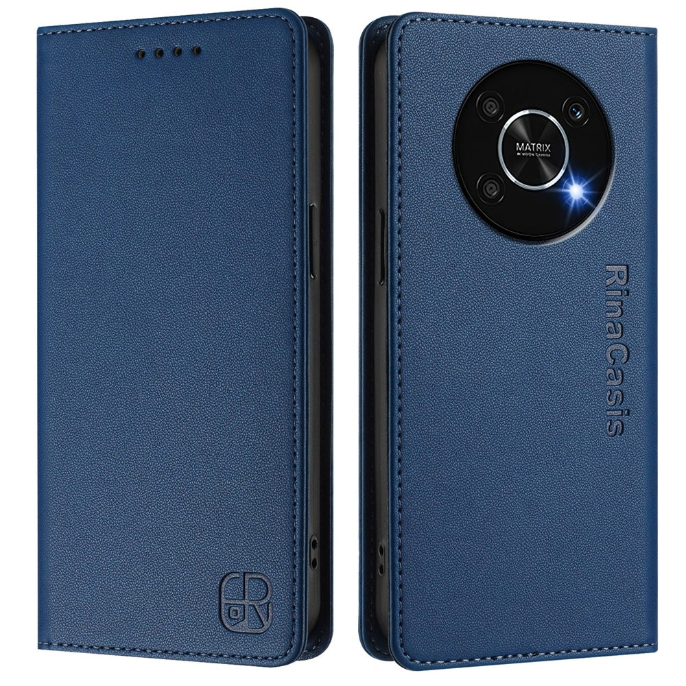 Honor X9 4G Dual-Folded Magnetic Suction RFID Blocking PU Leather Wallet Phone Case with Card Slots, Cash Pocket, Kickstand, Full Protective Flip Cover